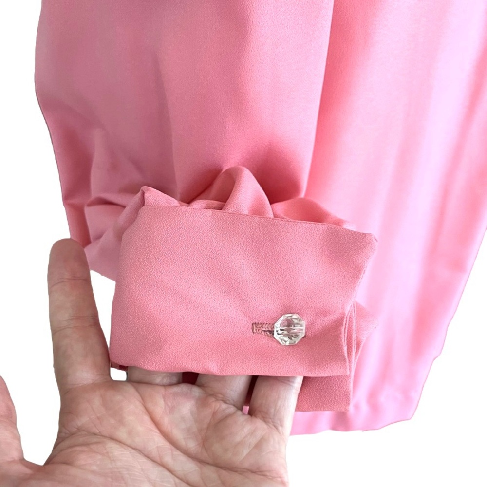 Vintage 70s peach pink bow button up long sleeve pleated secretary blouse - Picture 6 of 10